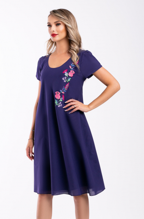 Rochie mov din bumbac mărime mare cu broderie tip floare [5]