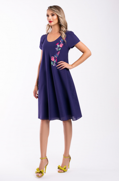 Rochie mov din bumbac mărime mare cu broderie tip floare [2]