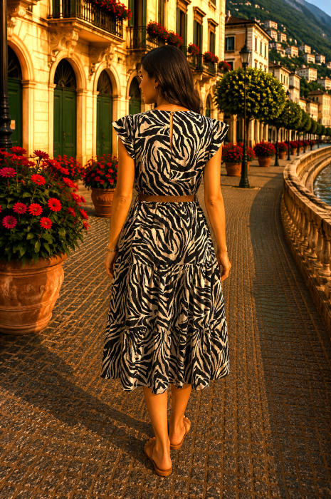 Rochie midi cu imprimeu zebra și cordon în talie [4]