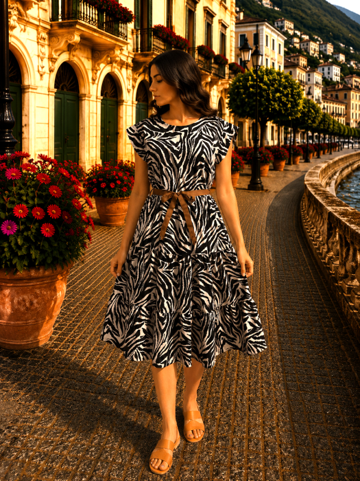 Rochie midi cu imprimeu zebra și cordon în talie [2]