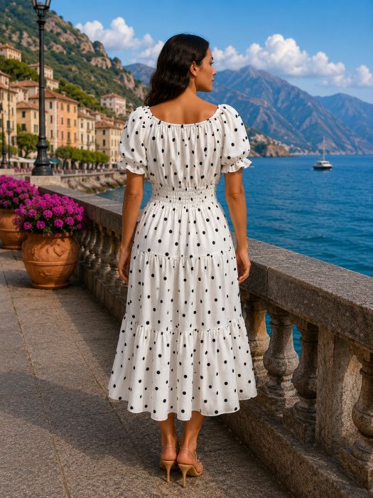 Rochie midi albă de vară imprimată cu buline [3]