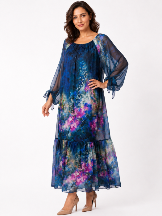 Rochie albastră de vară din mătase naturală cu imprimeu abstract [2]