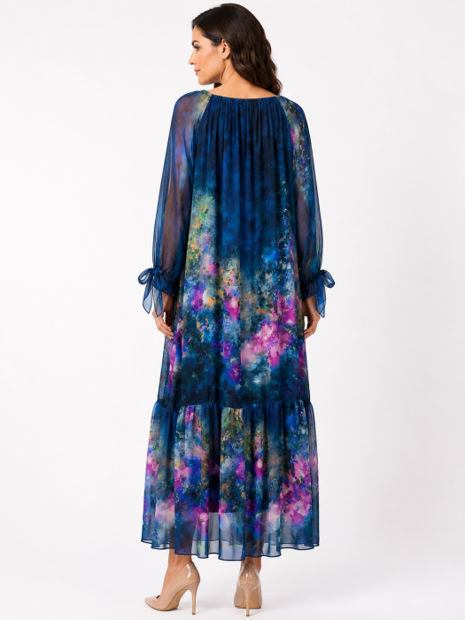 Rochie albastră de vară din mătase naturală cu imprimeu abstract [3]