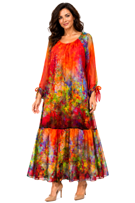 Rochie portocali de vară din mătase naturală cu imprimeu abstract [2]