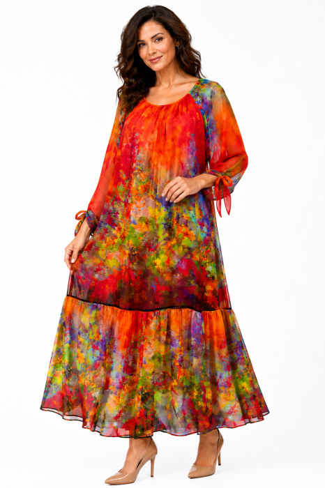 Rochie portocali de vara din matase naturala cu imprimeu abstract