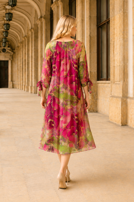 Rochie midi din mătase cu imprimeu fucsia [3]