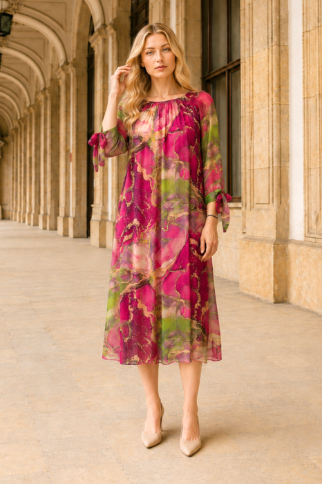 Rochie midi din mătase cu imprimeu fucsia [2]
