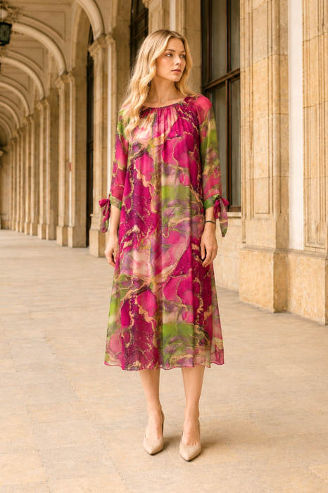 Rochie midi din mătase cu imprimeu fucsia [6]