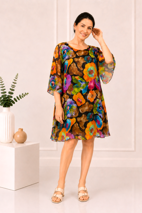 Rochie din mătase mărime universală cu imprimeu floral multicolor [5]