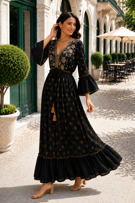 Rochie lungă de vară neagră cu broderie bej [2]