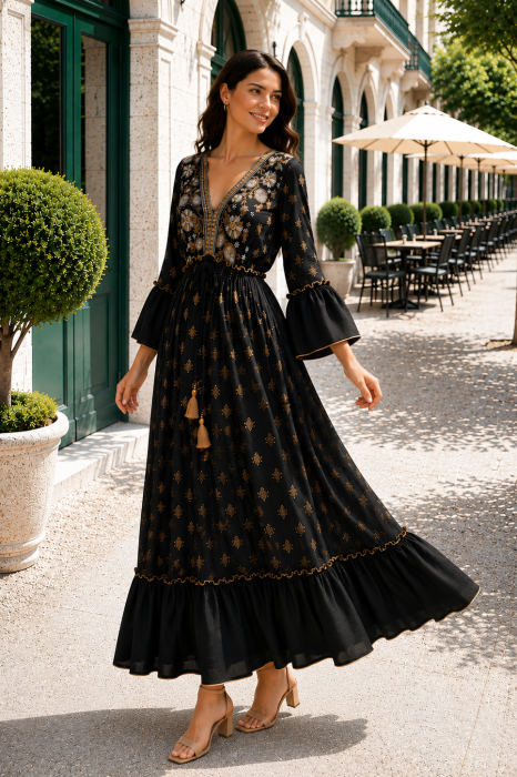 Rochie lungă de vară neagră cu broderie bej [3]