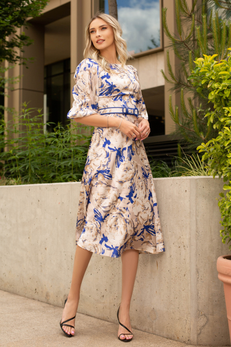 Rochie Olivera cu mâneci bufante și imprimeu albastru [2]