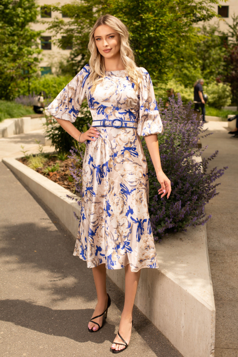 Rochie Olivera cu mâneci bufante și imprimeu albastru [4]