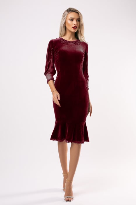 Rochie Romina bordo din catifea accesorizată cu perluțe [2]