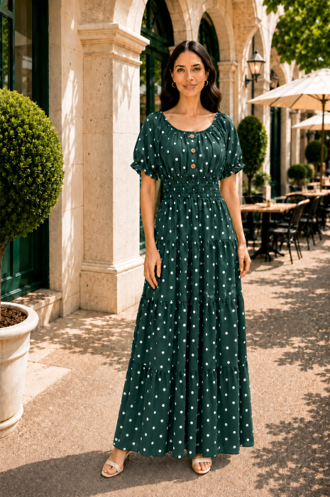 Rochie verde lungă de vară imprimată cu buline [2]