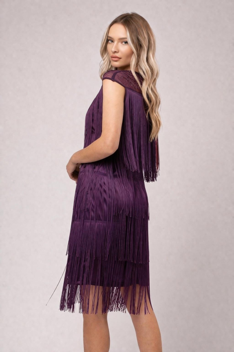 Rochie Sabrina mov de ocazie cu franjuri lungi și perluțe in zona gâtului [4]
