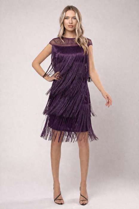 Rochie Sabrina mov de ocazie cu franjuri lungi și perluțe in zona gâtului [3]