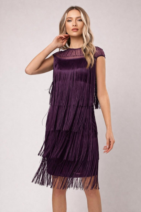 Rochie Sabrina mov de ocazie cu franjuri lungi și perluțe in zona gâtului [2]