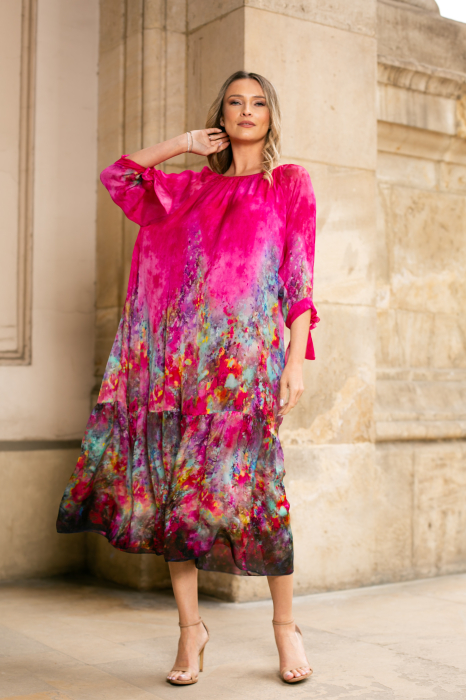 Rochie fucsi de vară din mătase naturală cu imprimeu abstract [2]