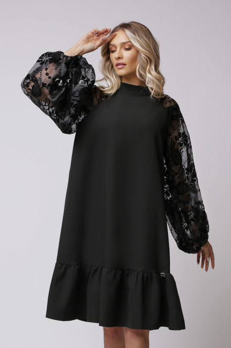 Rochie Amalfi neagră cu mâneci bufante imprimate [5]