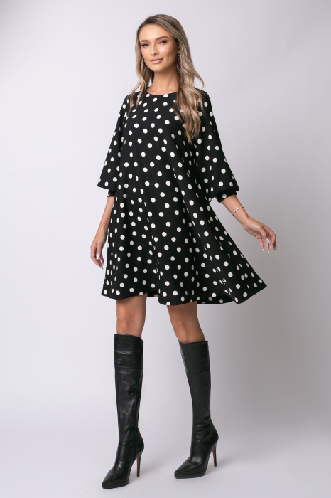 Rochie Sami neagră cu mâneci bufante imprimată cu buline [5]