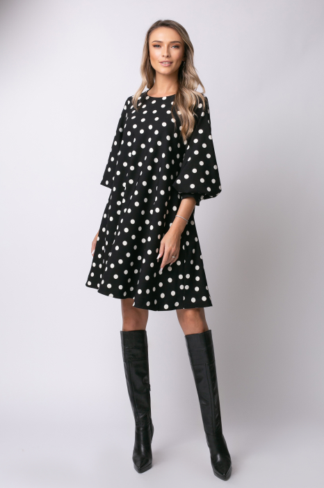 Rochie Sami neagră cu mâneci bufante imprimată cu buline [2]