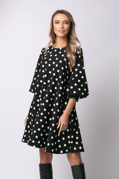 Rochie Sami neagră cu mâneci bufante imprimată cu buline [4]