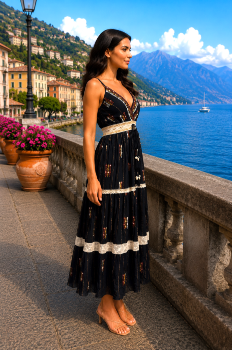 Rochie lungă neagră de vară cu imprimeu boho și dantelă bej [2]