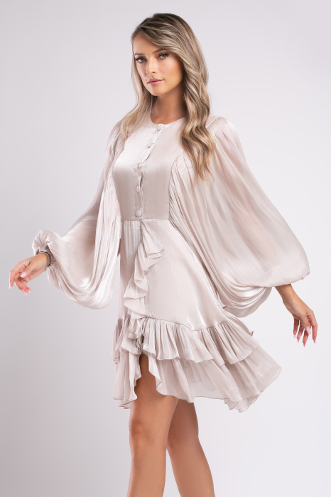 Rochie scurtă din mătase gri perlat cu mâneci ample [3]