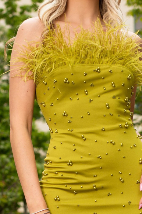 Rochie Simena fistic de ocazie accesorizată cu pene la bust [5]