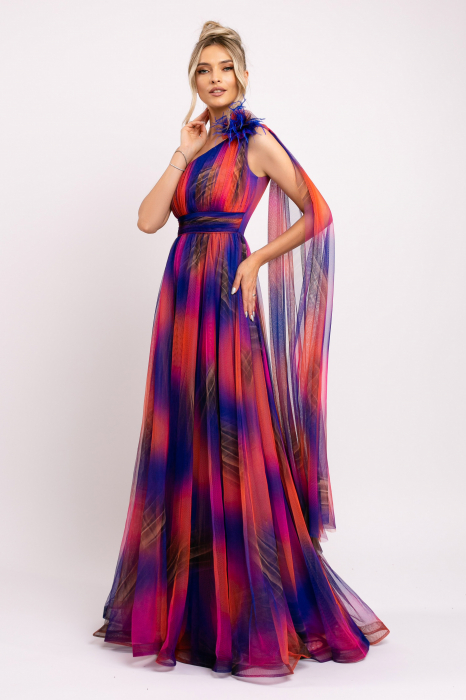 Rochie Sofia albastră elegantă din tulle accesorizată cu eșarfa [2]