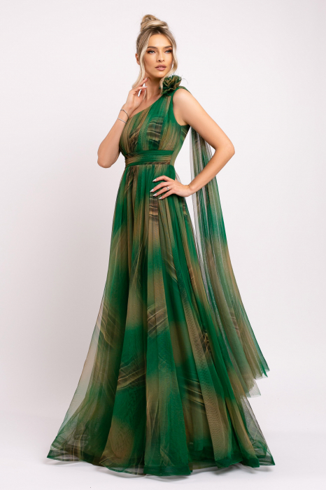 Rochie Sofia verde elegantă din tulle accesorizată cu eșarfa [2]