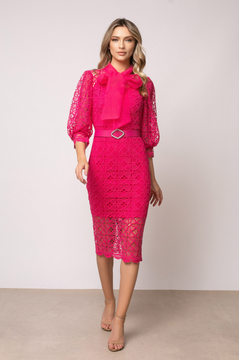 Rochie Vanesa fucsia din dantela cu fundă la gât [3]