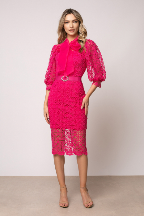 Rochie Vanesa fucsia din dantela cu fundă la gât [2]