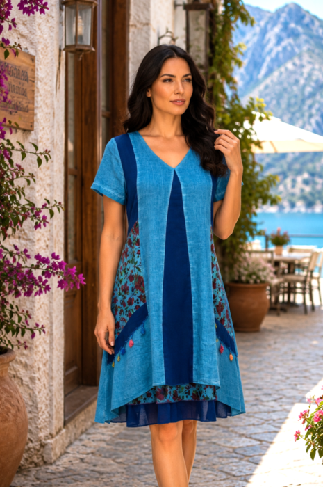 Rochie midi albastră în stil boho cu imprimeu floral [2]