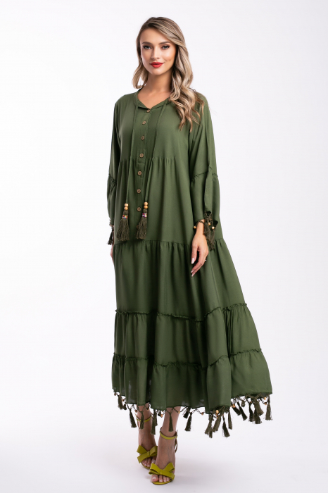 Rochie verde din vâscoză mărime mare accesorizată cu franjuri [2]