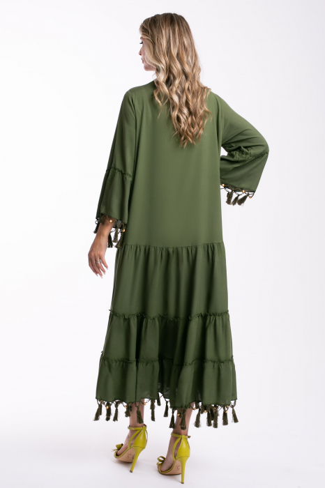 Rochie verde din vâscoză mărime mare accesorizată cu franjuri [3]