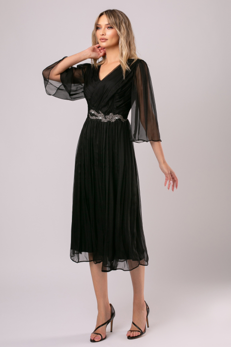 Rochie Viada de ocazie neagră din matase naturală accesorizată în talie [2]