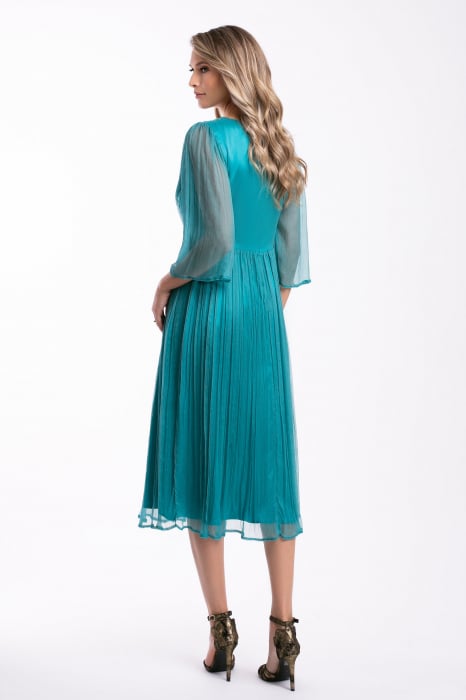Rochie Viada de ocazie turcoaz din matase naturală accesorizată în talie [5]