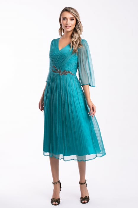 Rochie Viada de ocazie turcoaz din matase naturală accesorizată în talie [4]