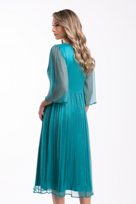 Rochie Viada de ocazie turcoaz din matase naturală accesorizată în talie [3]