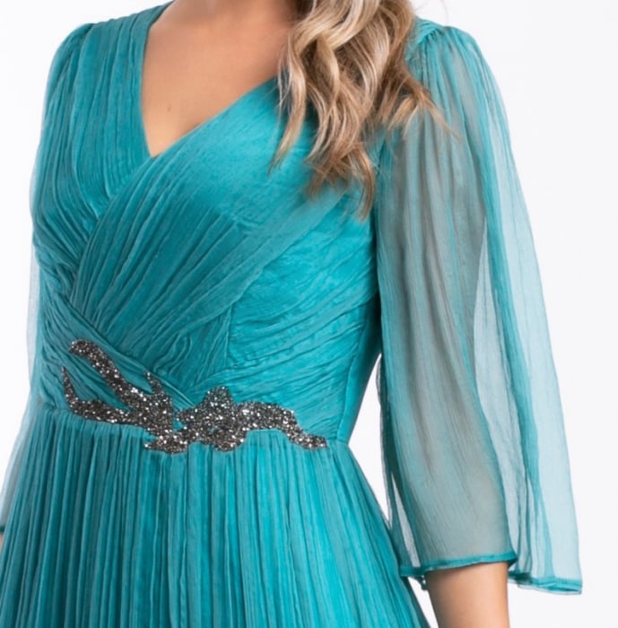 Rochie Viada de ocazie turcoaz din matase naturală accesorizată în talie [6]
