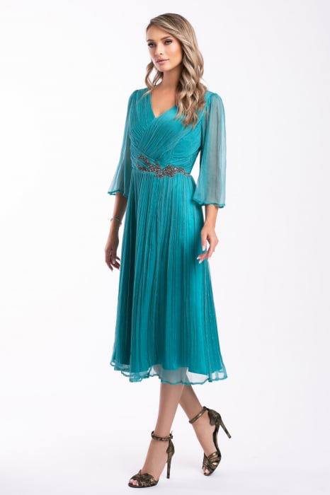 Rochie Viada de ocazie turcoaz din matase naturală accesorizată în talie [2]