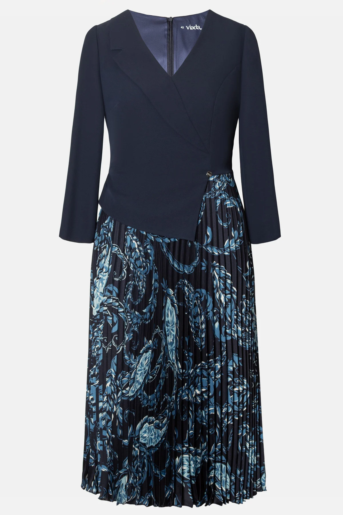 Rochie damă VIADA bleumarin, office-elegantă, cu fustă plisată și imprimeu [3]