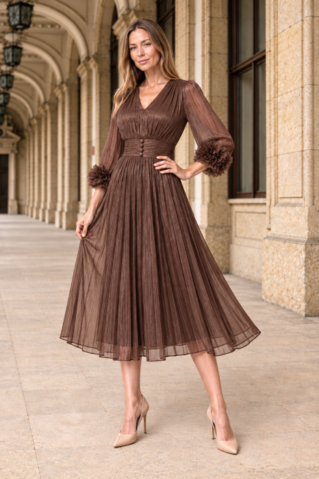 Rochie VIADA maro elegantă accesorizată pe mâneci [2]