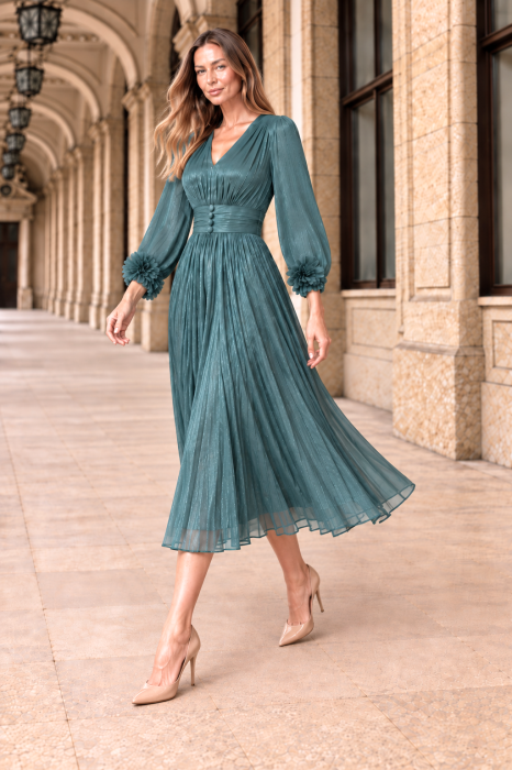 Rochie VIADA turcoaz elegantă accesorizată pe mâneci [2]