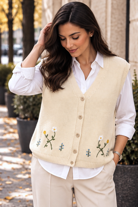 Vestă tricotată crem cu broderie florală și nasturi [4]