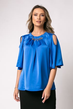 COLECȚIE NOUĂ - Bluza albastră elegantă accesorizată pe bust