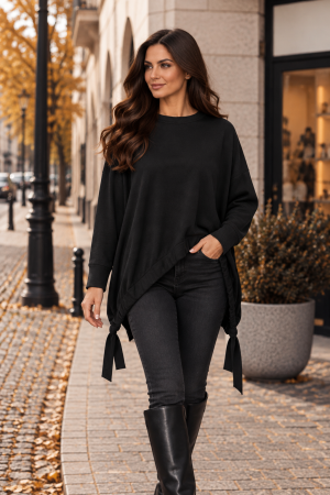 BLUZE ȘI CĂMĂȘI - Bluză casual neagră din vâscoză, croi lejer cu șnururi laterale