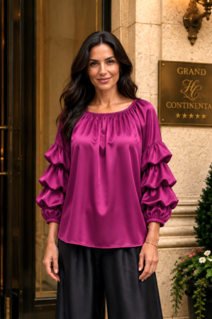 TOATE PRODUSELE - Bluză magenta din satin cu mâneci cu volane